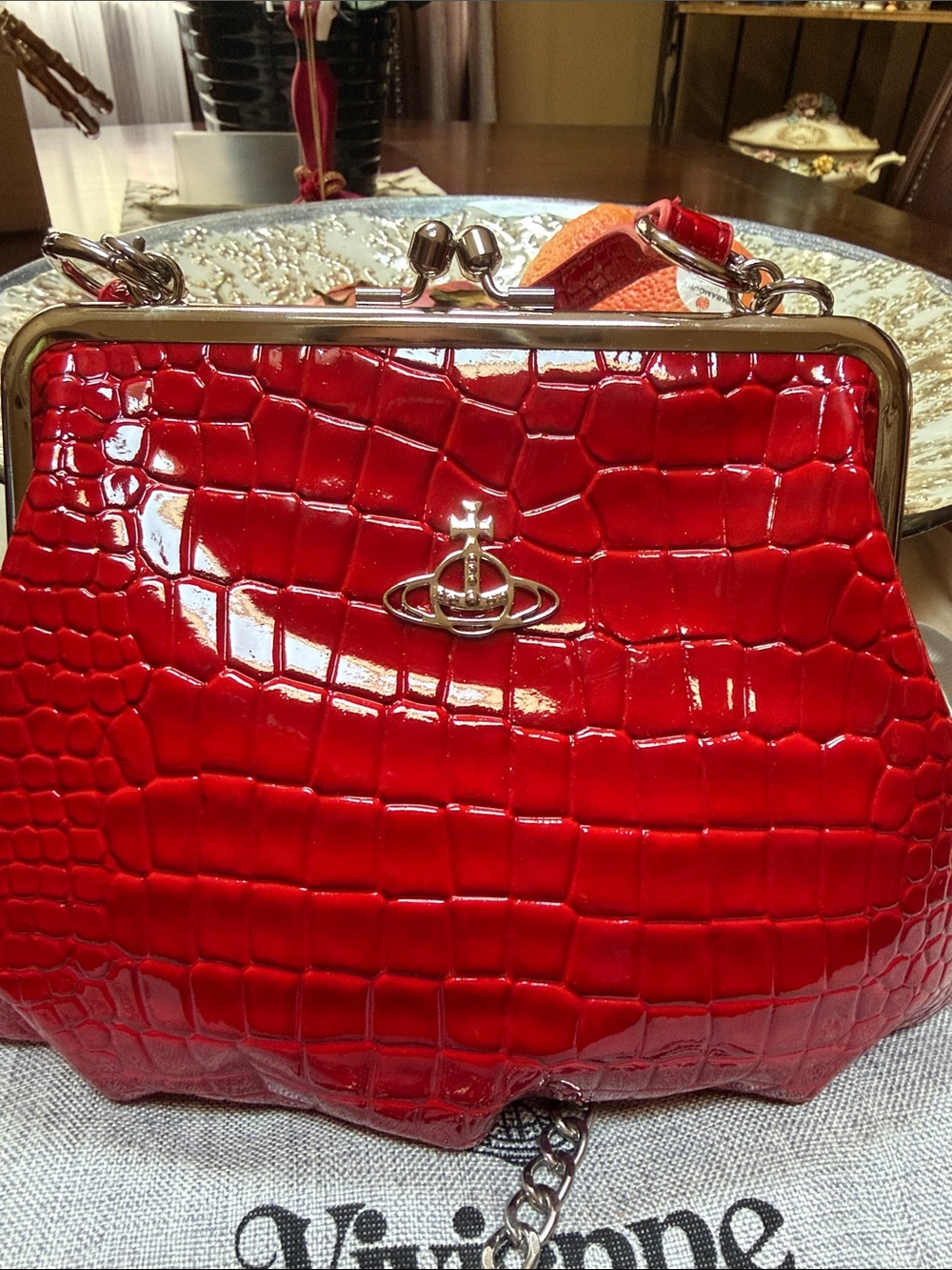 Vivienne Westwood Red Croc-Embossed Vegan Patent Kiss-Lock Chain Bag